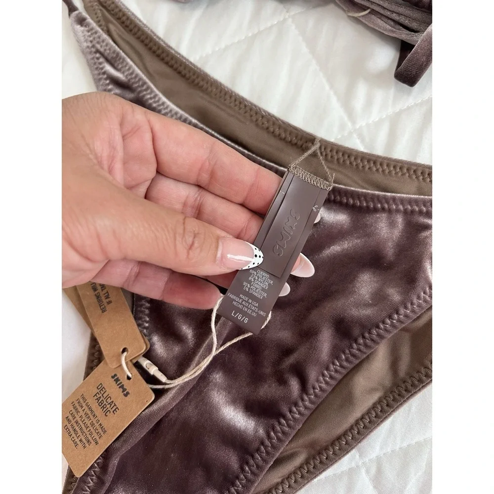 SKIMS Velvet Swim Bikini Set Taupe Umber Triangle Top XL Tie Side Bottom L Y2K